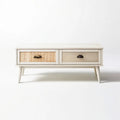 Kremowy stolik kawowy z 2 szufladami, MDF, drewno kauczukowe i rattan, 120 x 40 x 50 cm