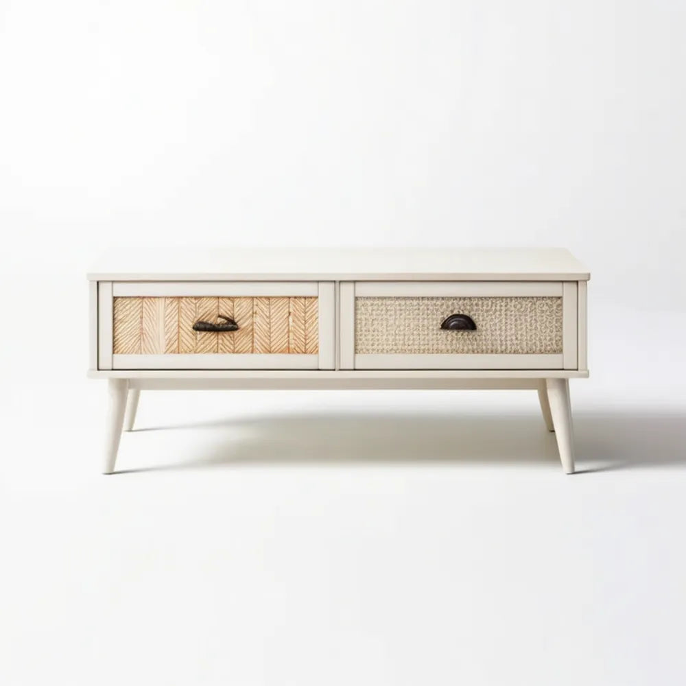 Kremowy stolik kawowy z 2 szufladami, MDF, drewno kauczukowe i rattan, 120 x 40 x 50 cm