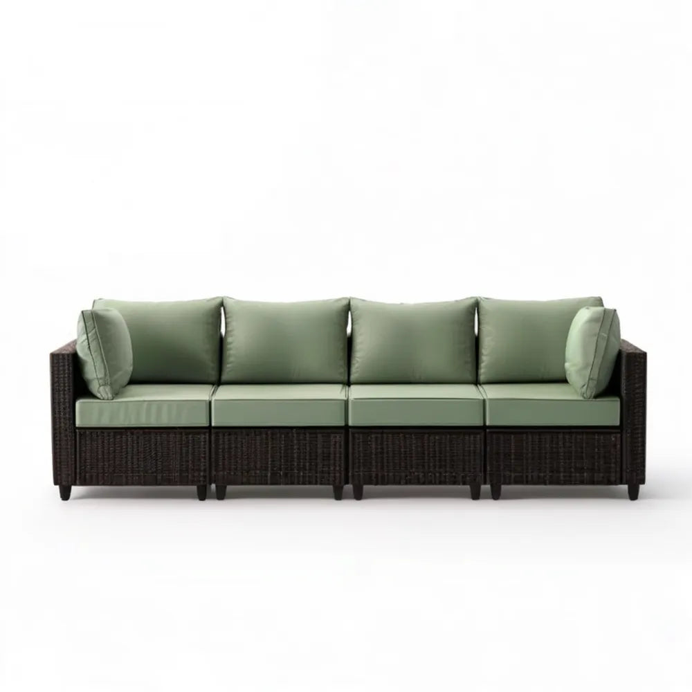 4-osobowa sofa ogrodowa z technorattanu PE, ciemnobrązowa z szałwiowozielonymi poduszkami, 280 x 70 x 65 cm