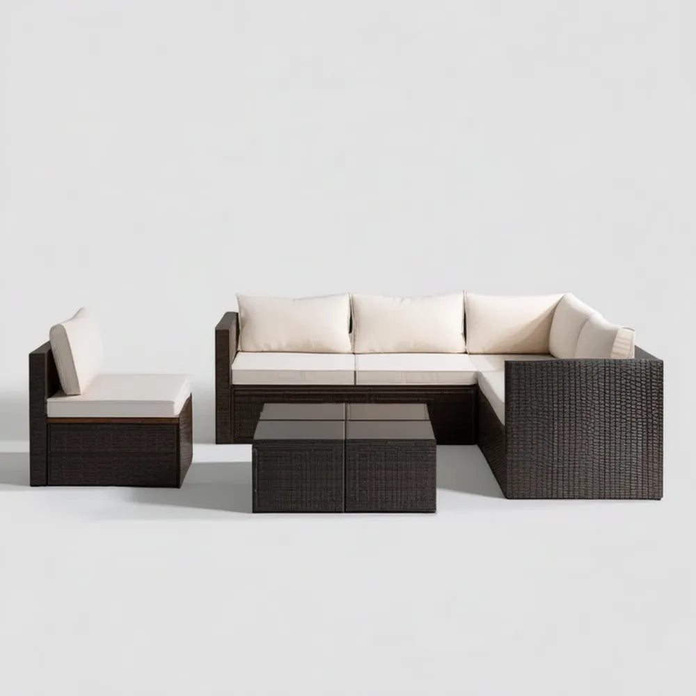 6-elementowy zestaw mebli ogrodowych z technorattanu PE, ciemnobrązowy/kremowy, sofa narożna 195 x 70 x 63 cm