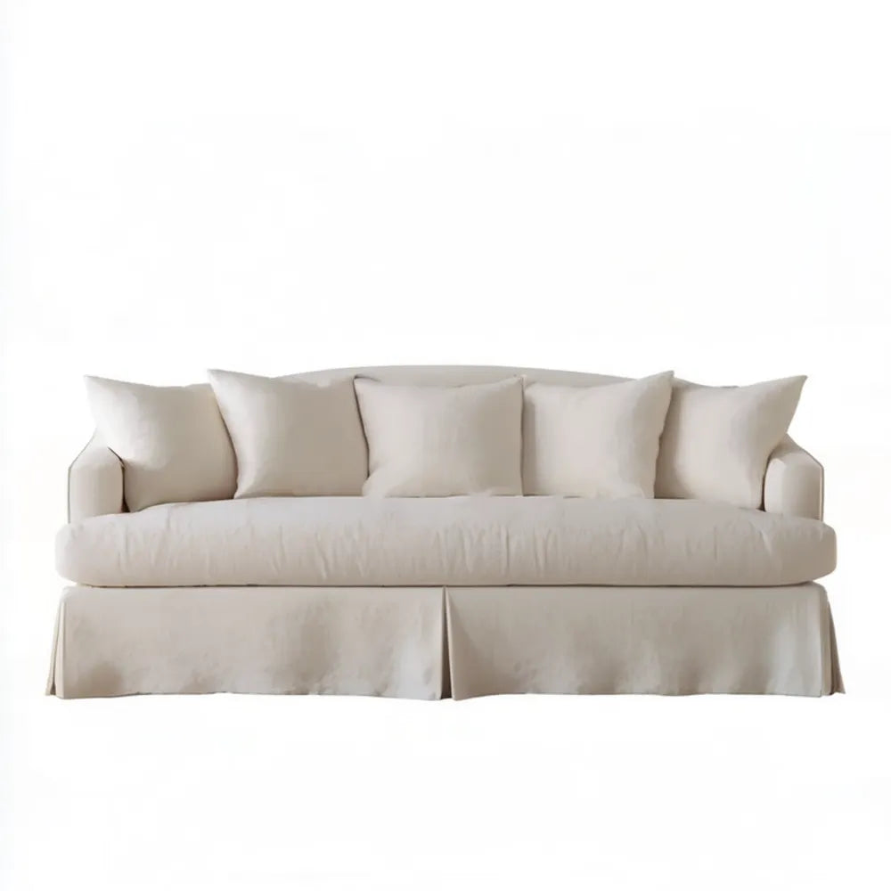 Kremowa sofa trzyosobowa z 4 poduszkami, falbaną i tapicerką poliestrową 220 x 95 x 85 cm