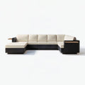 Modułowa narożna sofa ogrodowa z leżanką, aluminium i plecionka PE, czarno-kremowo-brązowa, 350 x 180 x 75 cm
