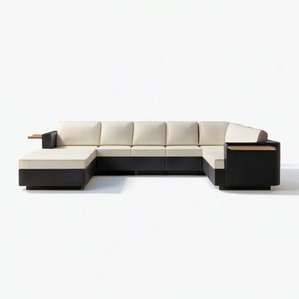 Modułowa narożna sofa ogrodowa z leżanką, aluminium i plecionka PE, czarno-kremowo-brązowa, 350 x 180 x 75 cm