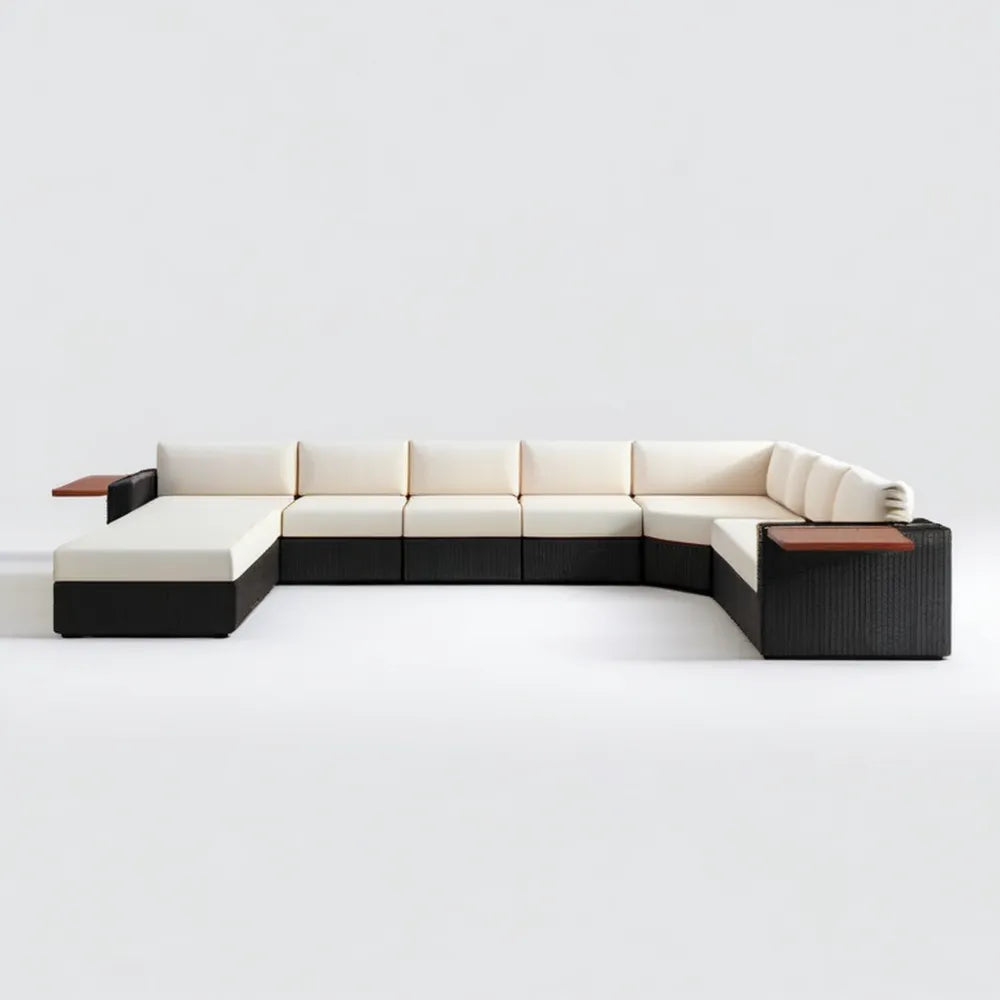 Modułowy zestaw wypoczynkowy ogrodowy z technorattanu PE w kształcie U 330 x 230 x 70 cm, czarno-kremowo-brązowy