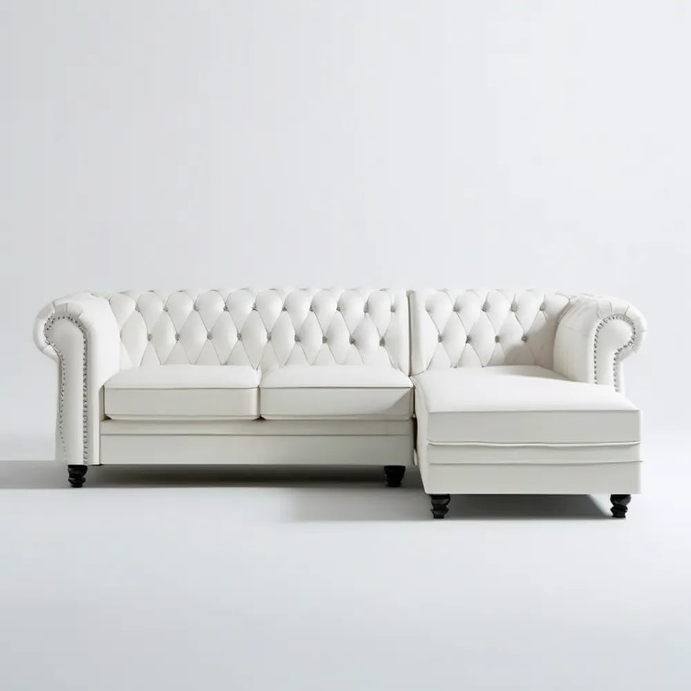 Prawostronna sofa narożna Chesterfield z szezlongiem, biała, 260 x 165 x 75 cm