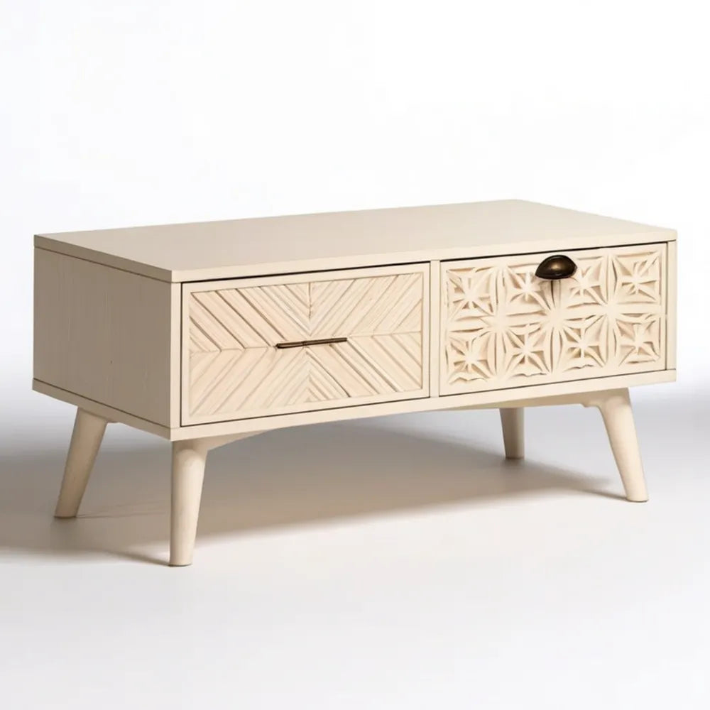 Kremowy stolik kawowy z 2 szufladami MDF, 100 x 50 x 45 cm