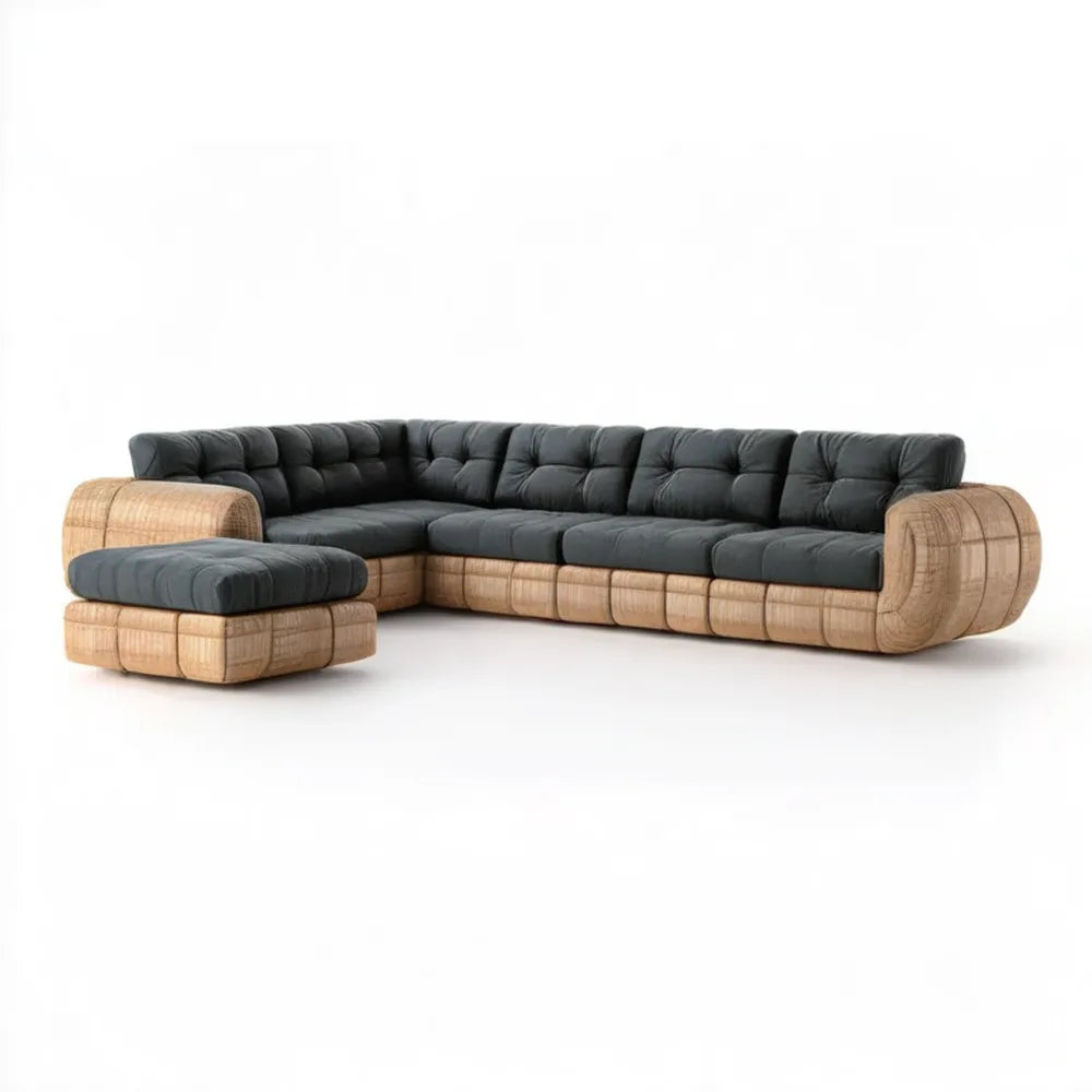 Narożna sofa ogrodowa z technorattanu PE z podnóżkiem, naturalny beż i grafit, 300 x 220 x 85 cm