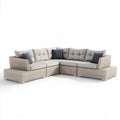 Narożna sofa ogrodowa 5-osobowa z technorattanu PE beżowa z jasnobeżowymi i ciemnoszarymi poduszkami 300 x 240 x 70 cm