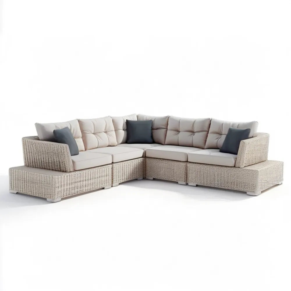 Narożna sofa ogrodowa 5-osobowa z technorattanu PE beżowa z jasnobeżowymi i ciemnoszarymi poduszkami 300 x 240 x 70 cm