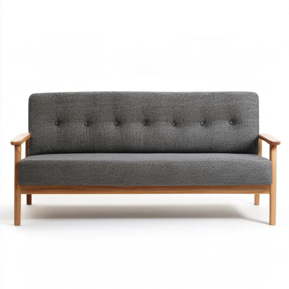 Dwuosobowa sofa z tapicerką bouclé i drewnianymi podłokietnikami, szara/jasny brąz, 130 x 75 x 80 cm