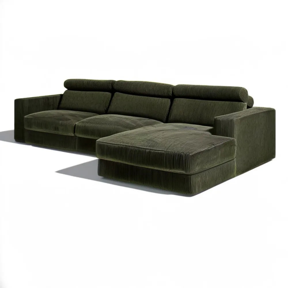 Prawostronna sofa narożna ze szezlongiem, sztruks poliestrowy, oliwkowozielona, 300 × 170 × 78 cm