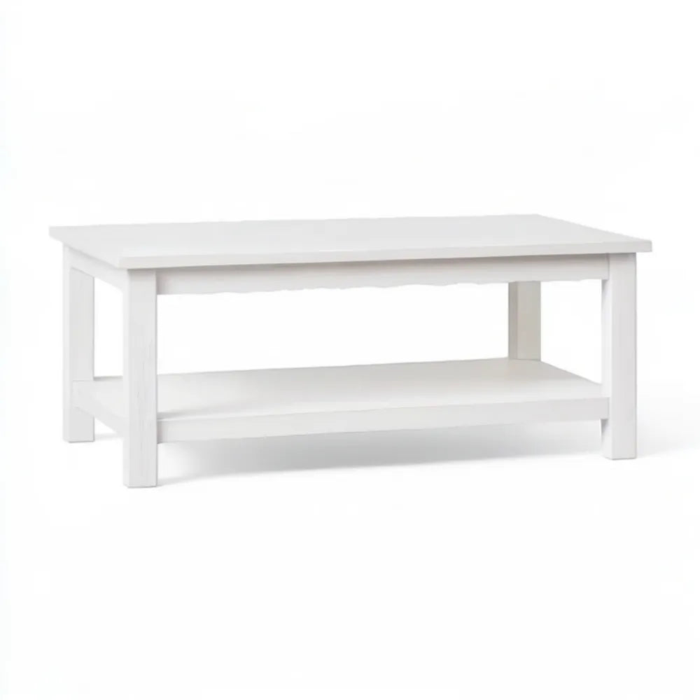 Biały prostokątny stolik kawowy z litego drewna sosnowego 100 x 60 x 45 cm z dolną półką