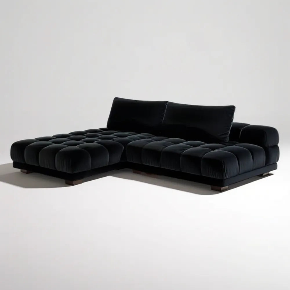 Czarna modułowa sofa narożna L z aksamitną tapicerką, 280 x 180 x 75 cm